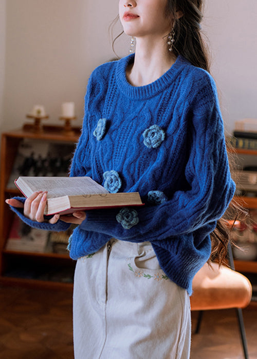 Original Blue O Neck Cozy Knit Sweater Winter