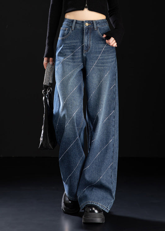 Stylish Blue Pockets Zircon Warm Fleece Denim Pants Winter