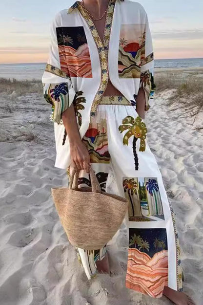 College Geometric Print Contrast Turndown Collar Long Sleeve Two Pieces