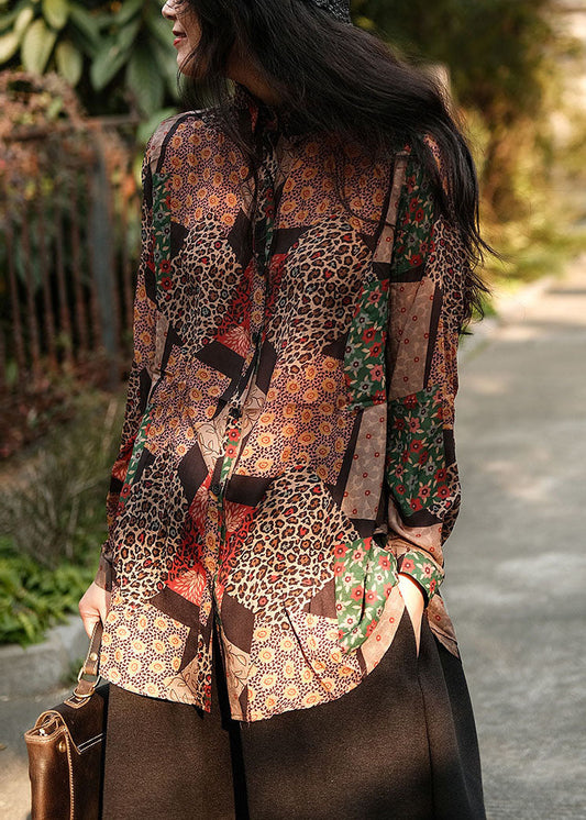 Coffee Peter Pan Collar Print Linen Shirts Spring