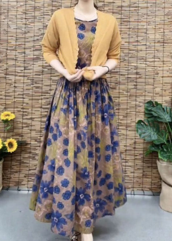 Retro Coffee O-neck Print Patchwork Pockets Long Dresses Short Sleeve
