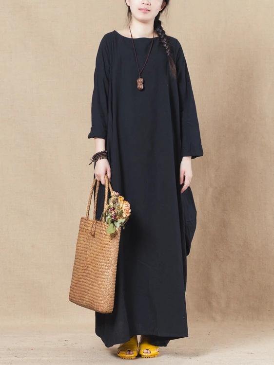 Handmade Black Linen Cotton Wardrobes O Neck Asymmetric Spring Dress