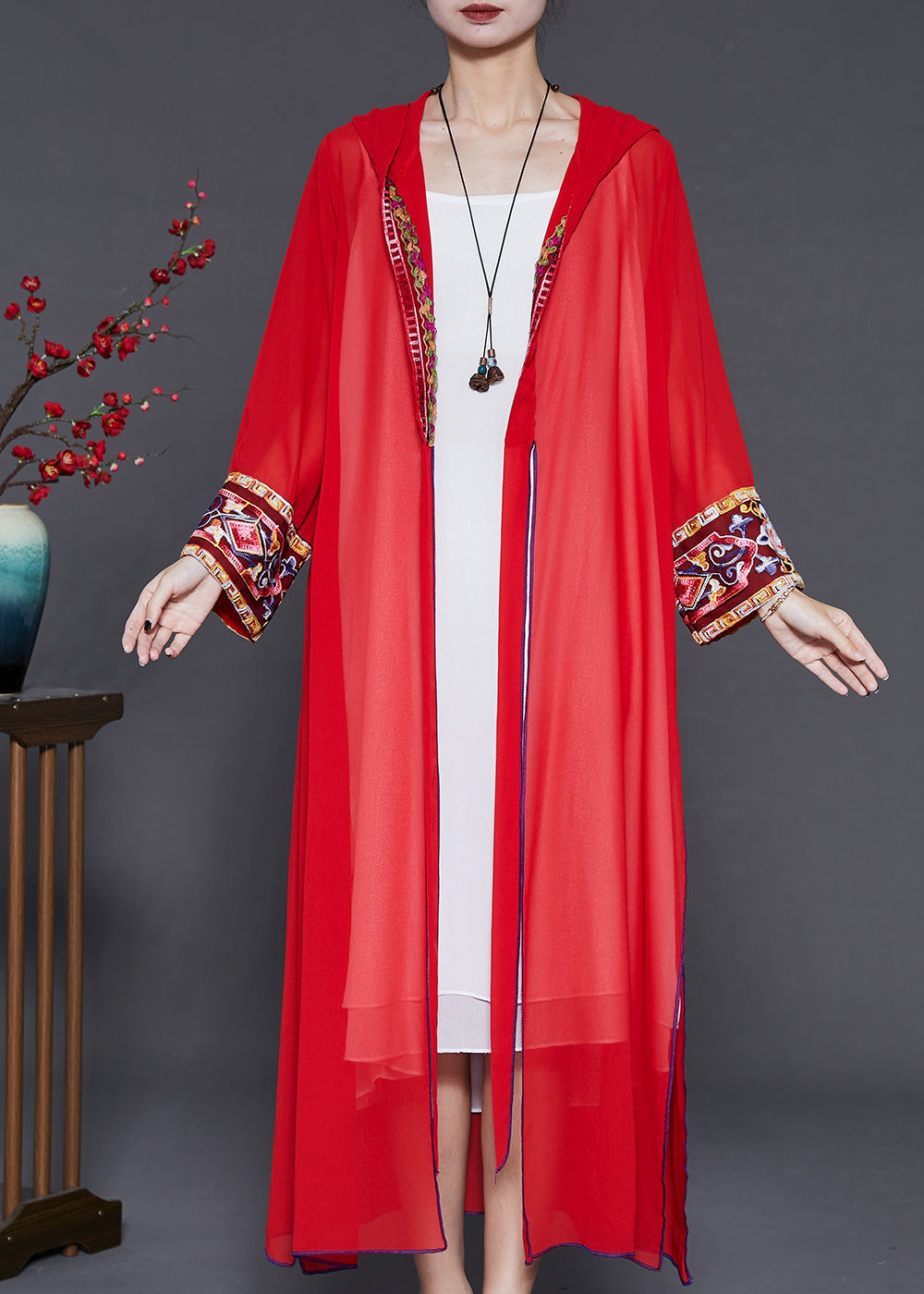Red Embroidered Side Open Chiffon Hooded Cardigan Summer