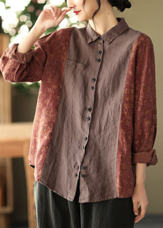 Red Peter Pan Collar Button Print Patchwork Linen Shirt Tops Long Sleeve