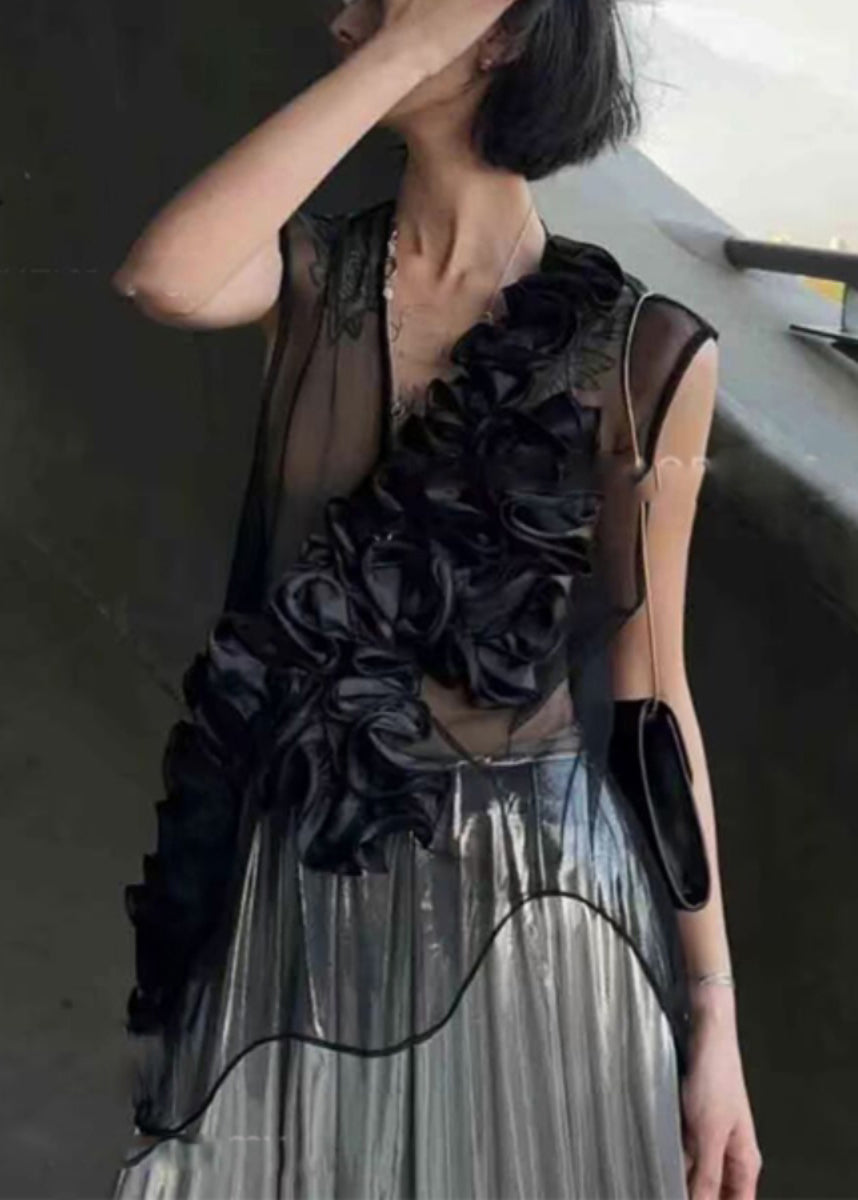 Black V Neck Ruffled Original Design Tulle Top Sleeveless