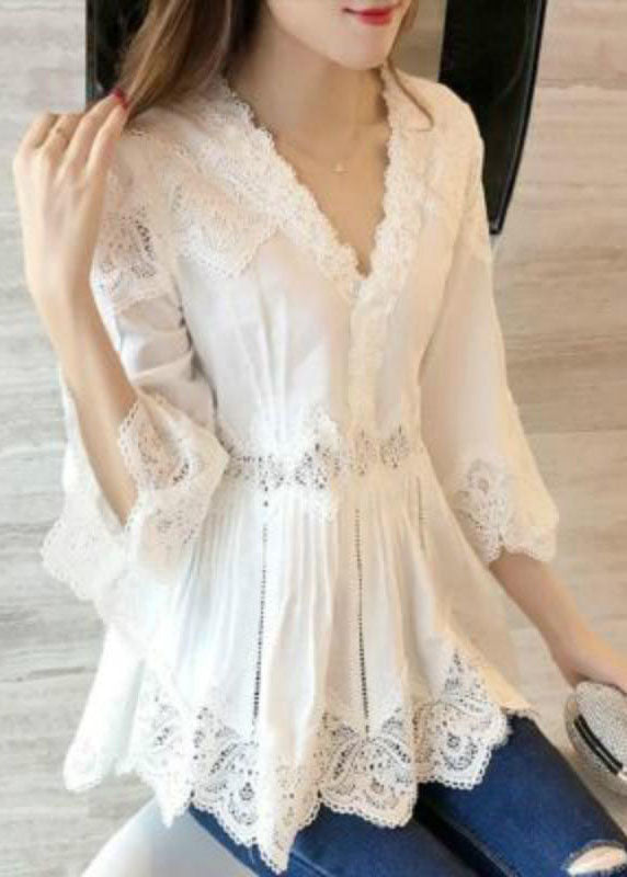 White V-neck Ruffles Hollow Out Shirts Spring