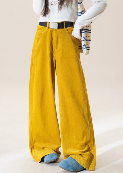 Yellow High Waist Pockets Corduroy Straight Pants Winter