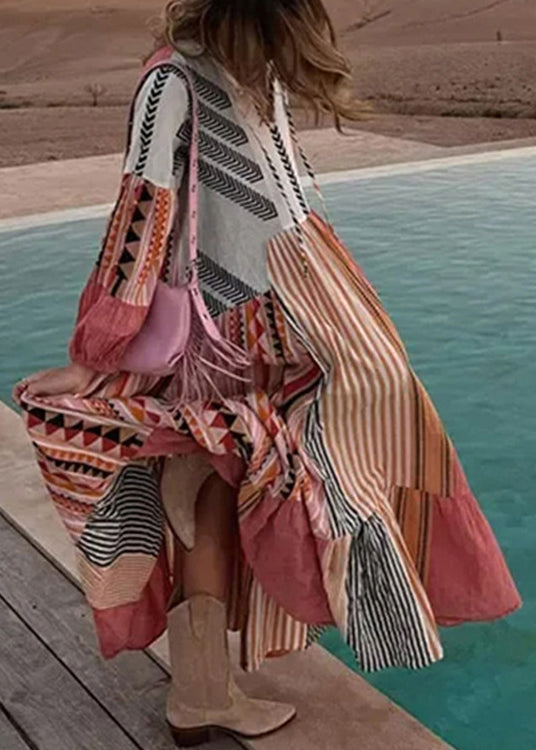 Colorblock Lace Up Print Cotton Maxi Dress Long Sleeve