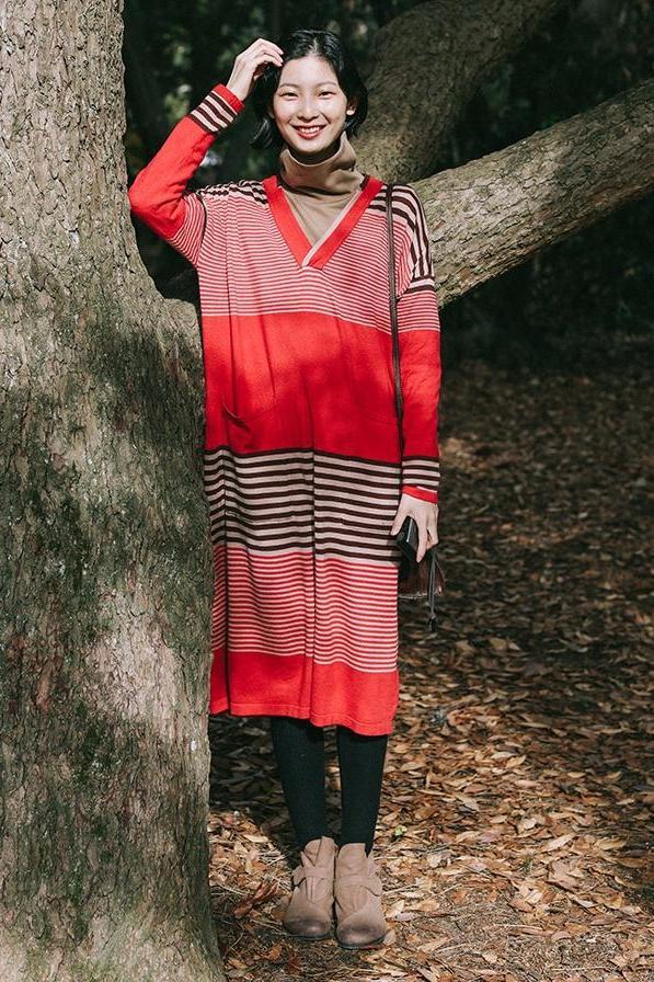 Red Striped Loose Sweater Dresses Clothes