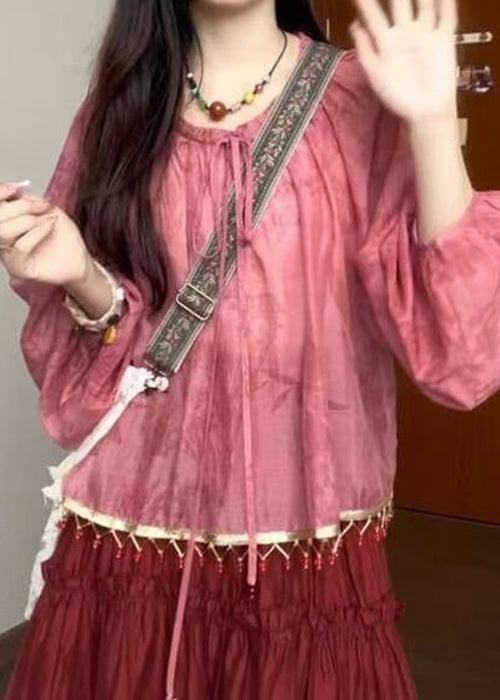 Loose Pink Tasseled Lace Up Cotton Shirt Fall