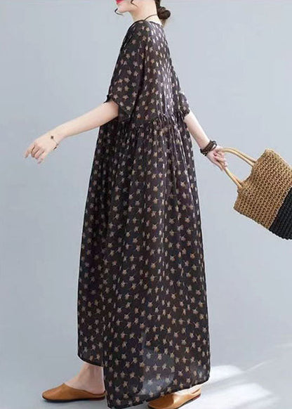 Coffee O Neck Print Wrinkled Patchwork Cotton Long Dresses Summer