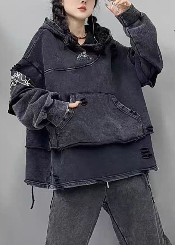 Purple Hooded Hole Pockets Cotton Sweatshirts Fall