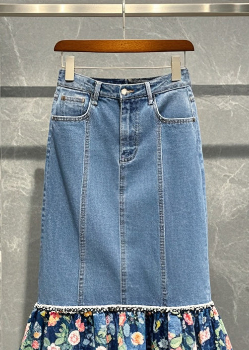 Blue Patchwork Print Denim Wraped Skirt Fall