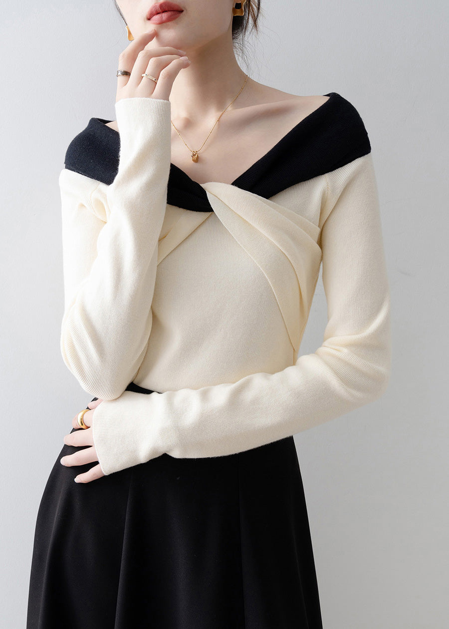 New Beige Slash Neck Slim Cross Knit Top Spring