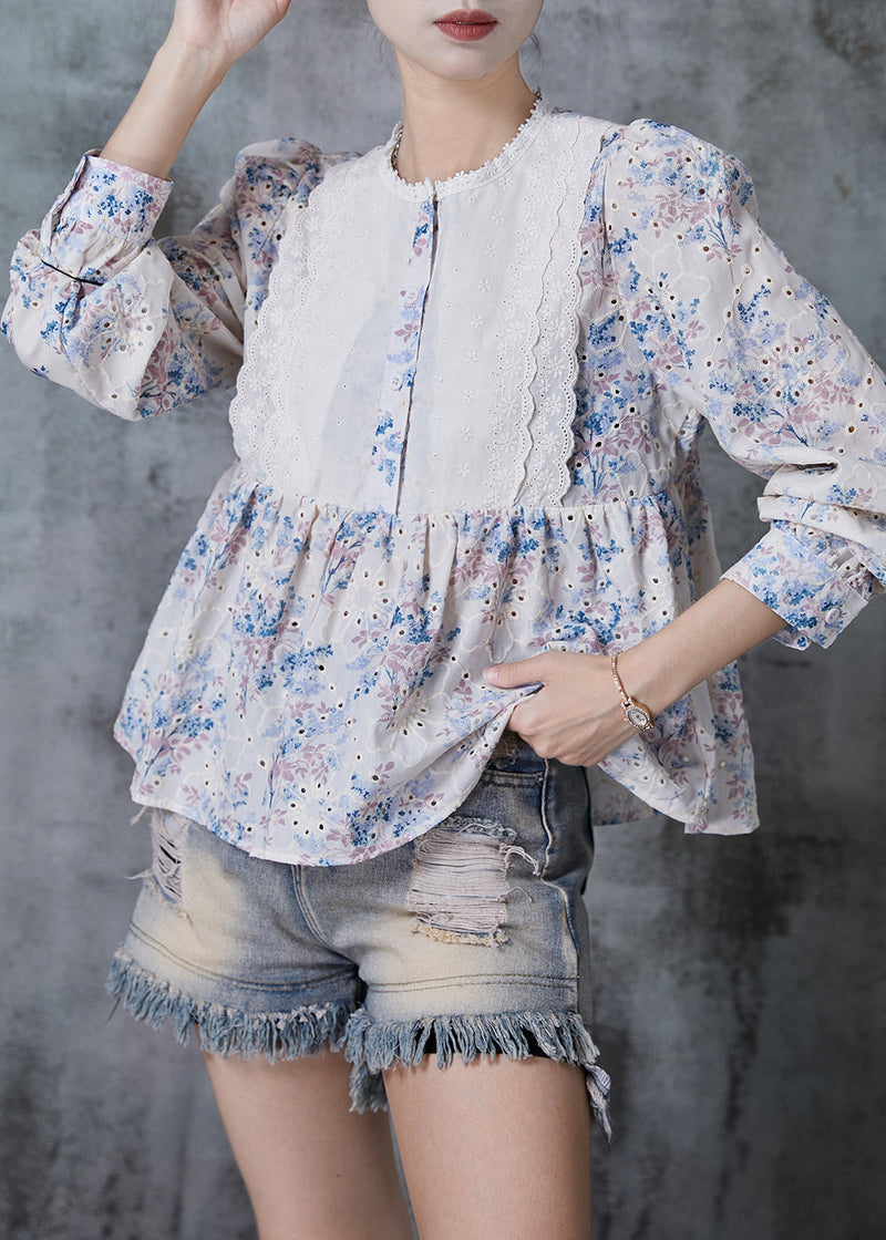 Apricot Print Patchwork Lace Cotton Shirt Summer