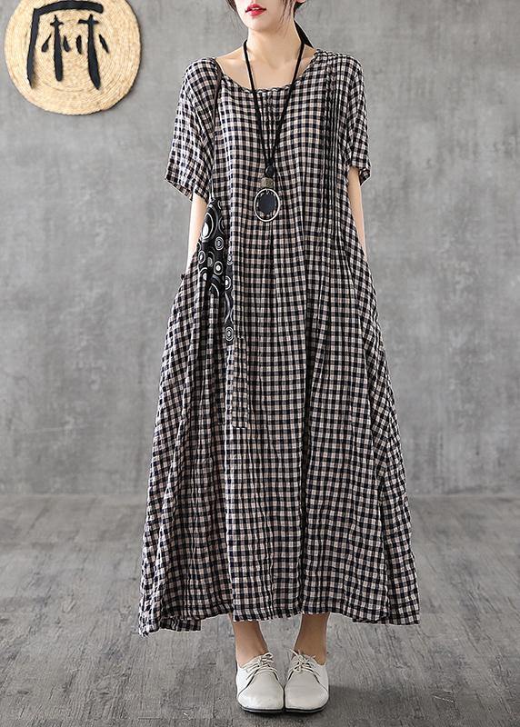 Red Plaid Linen Dresses Summer Long Cotton Dress Maxi Gown