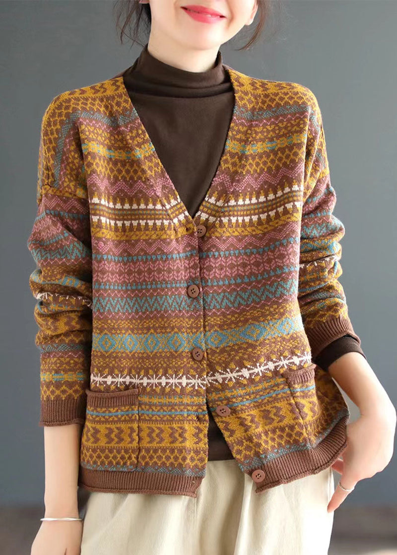 Handmade Yellow Loose V Neck Print Button Fall Knit Cardigan Long Sleeve