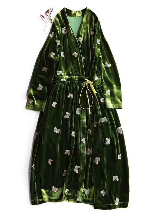 Loose Green Embroidered Butterfly Lace Up Silk Velvet Long Dress Fall