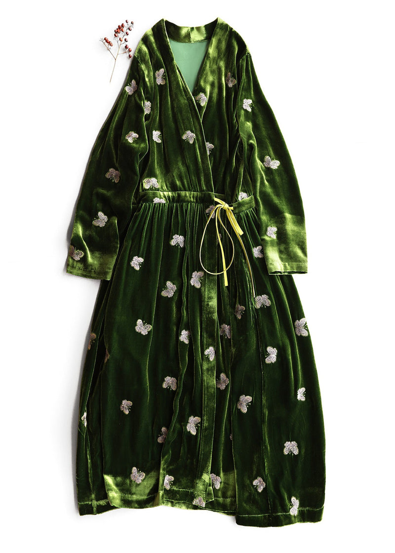 Loose Green Embroidered Butterfly Lace Up Silk Velvet Long Dress Fall