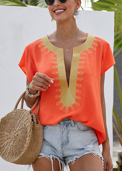 Original Design Orange O-neck Print Top Short Sleeve