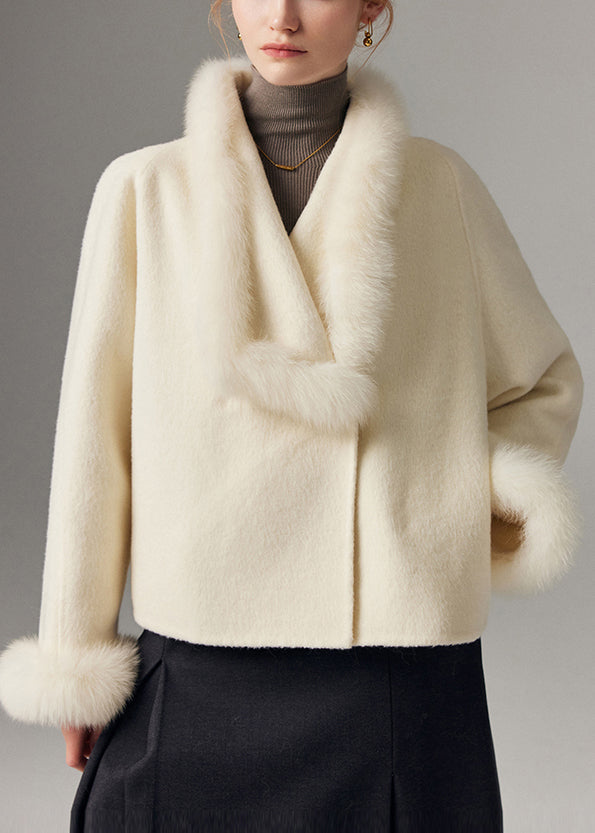 White Peter Pan Collar Patchwork Fox Fur Wool Cardigan Winter