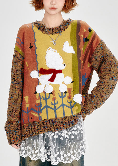 Brown Oversized Patchwork Thick Knit Sweater Winter