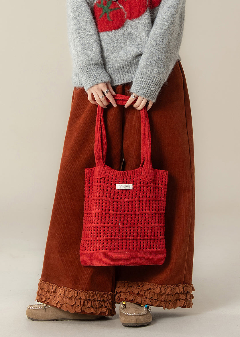 Brick Red Ruffled Oversized Corduroy Straight Pants Spring