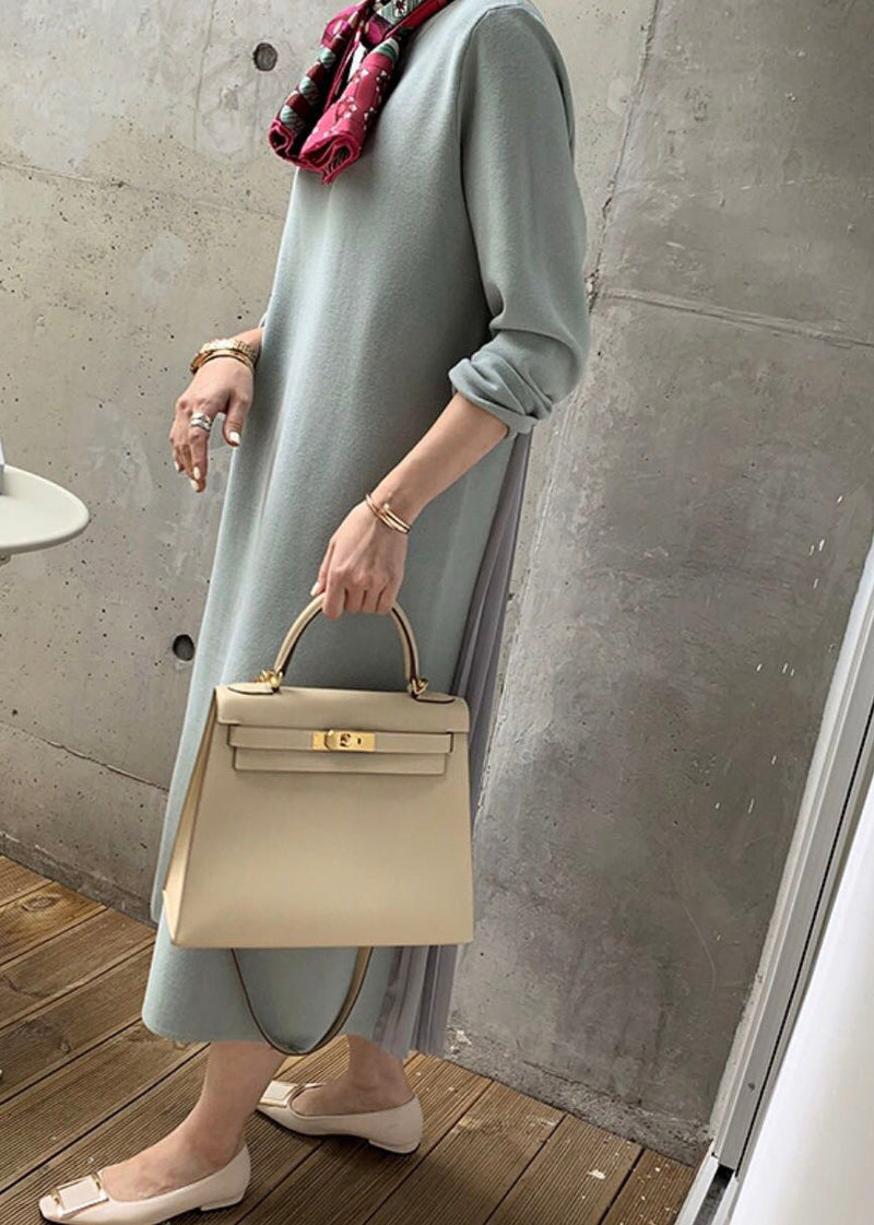 Light Green Wrinkled Patchwork Cotton Winter Sweatshirt Dresses O Neck