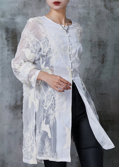 White Embroidered Chiffon Upf 50+ Long Shirt Summer