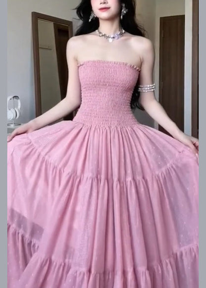 New Pink Strapless Cotton Long Dress Sleeveless