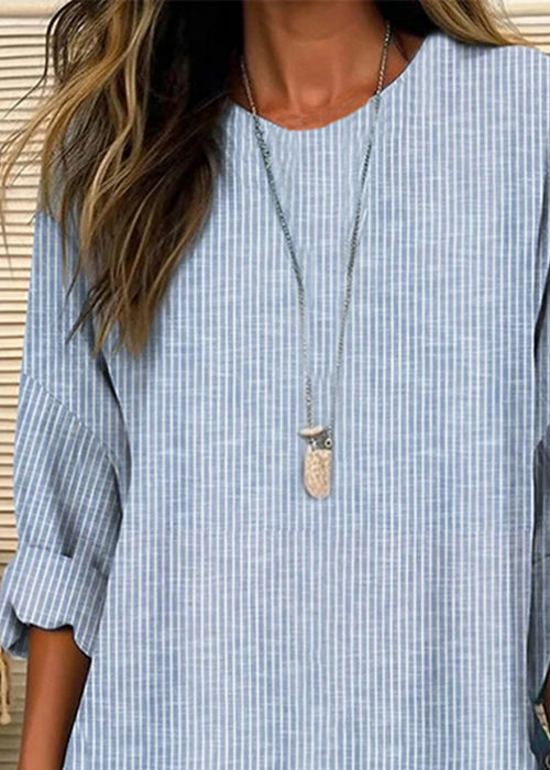 Loose Blue Striped O-neck Patchwork Cotton Blouses Fall