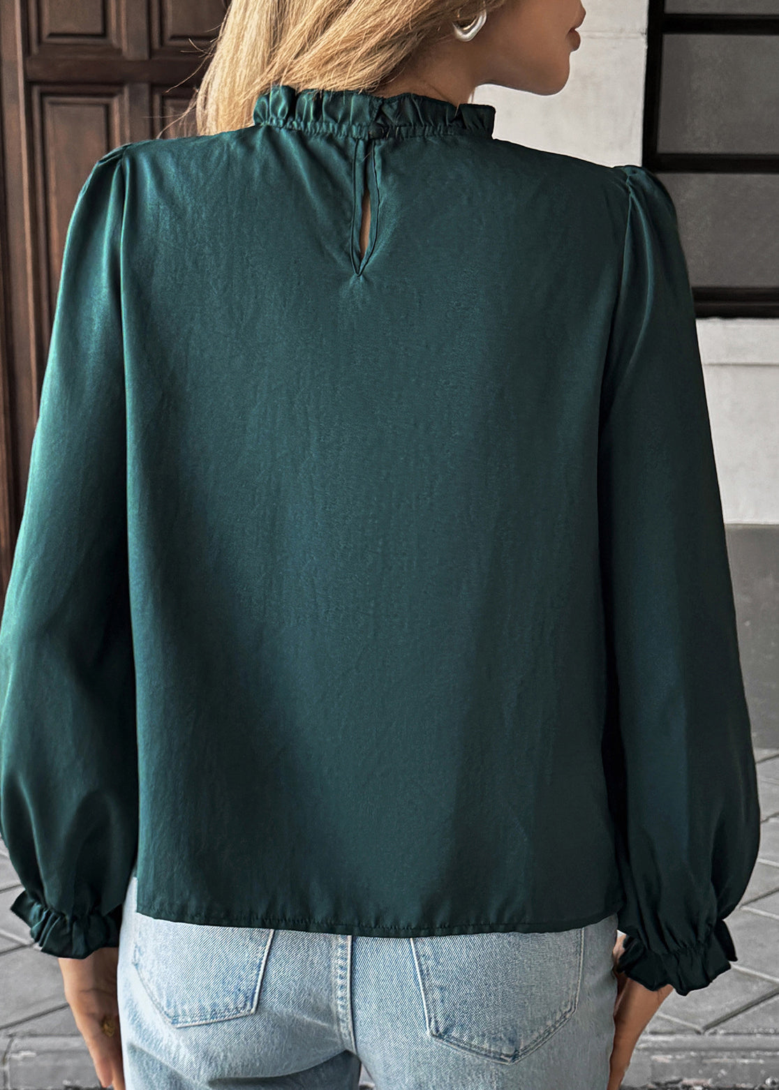 Blackish Green Ruffled Patchwork Chiffon Shirt Long Sleeve