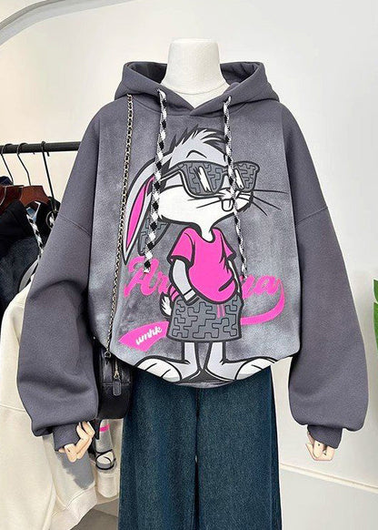 Grey Hooded Cartoon Print Cotton Sweatshirts Spring