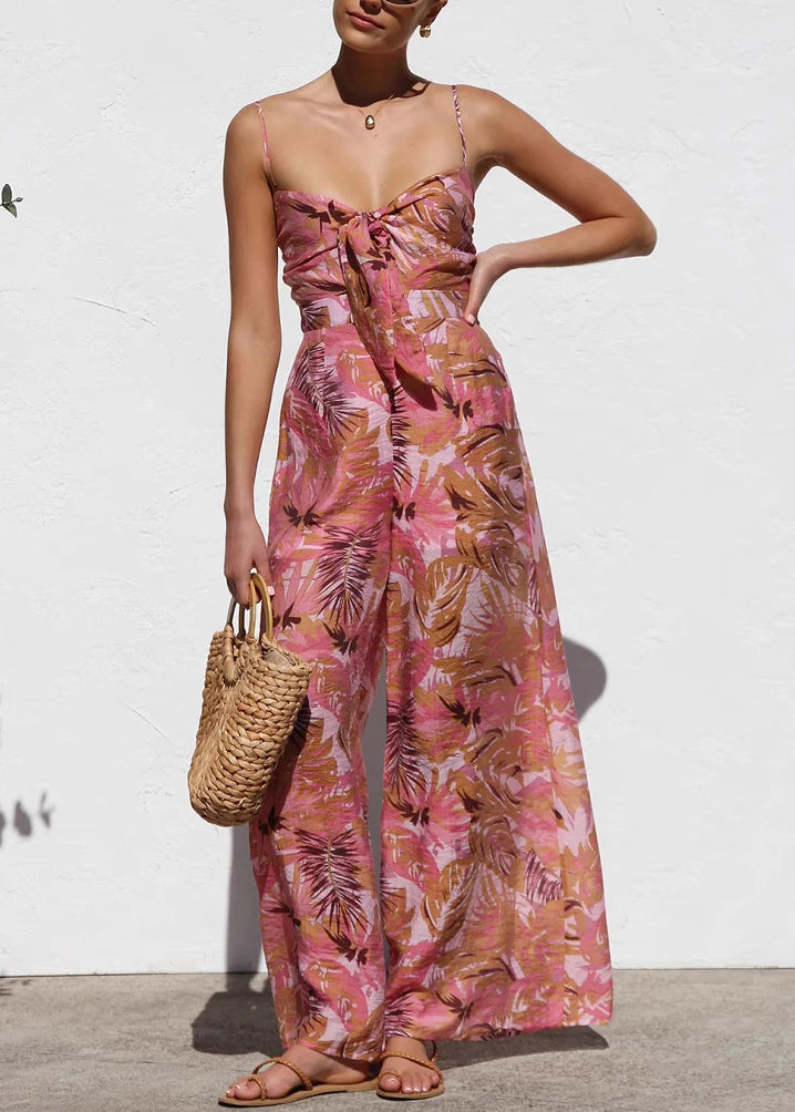 Red Print Cotton Spaghetti Strap Jumpsuit Summer