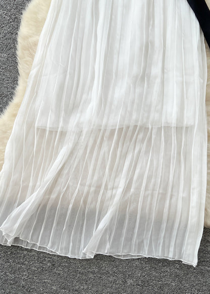 White Bow Patchwork Chiffon Pleated Cami Dress Summer
