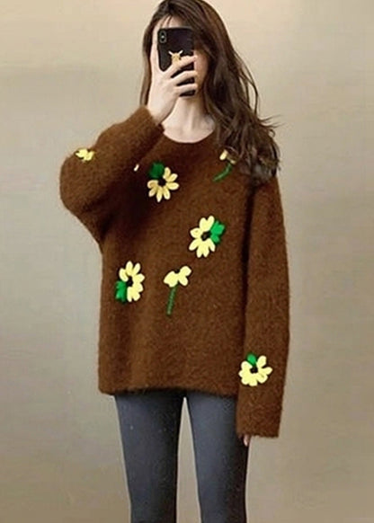 Unique Brown Oversized Lace Knit Sweater Tops Winter