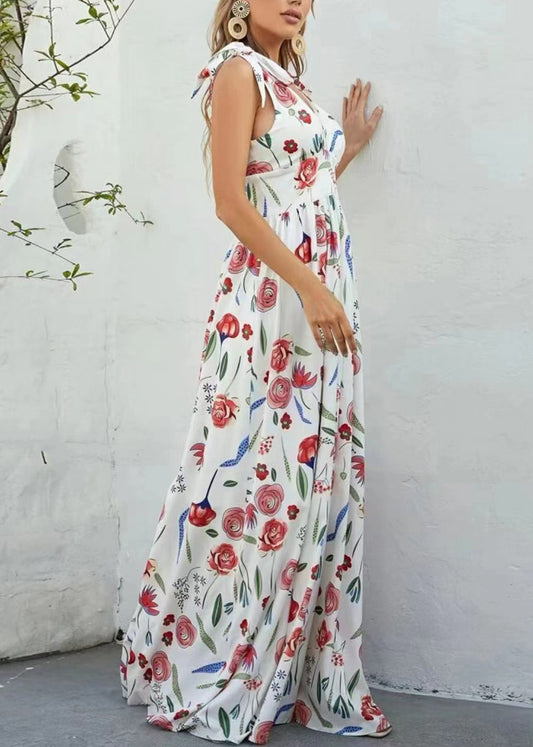 White V Neck Print Chiffon Long Dresses Sleeveless