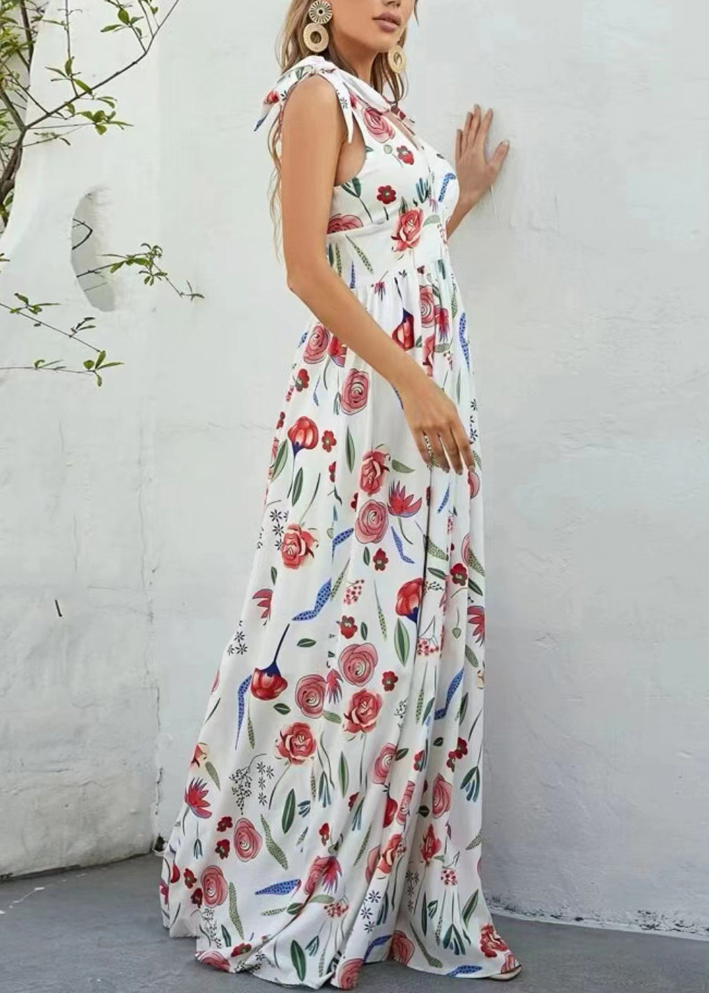 White V Neck Print Chiffon Long Dresses Sleeveless