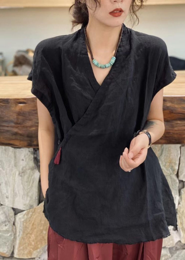 Simple Black V Neck Tie Waist Tassel Top Short Sleeve