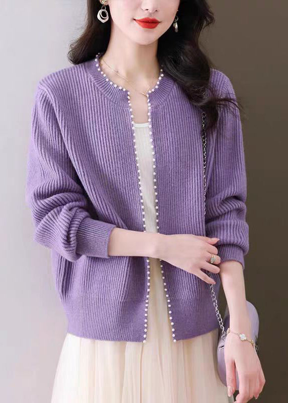 Purple Nail Bead Knit Fall Cardigan O Neck