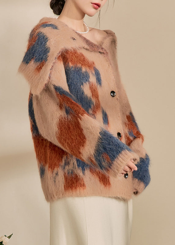 Brown Print Button Cotton Knit Cardigan Winter