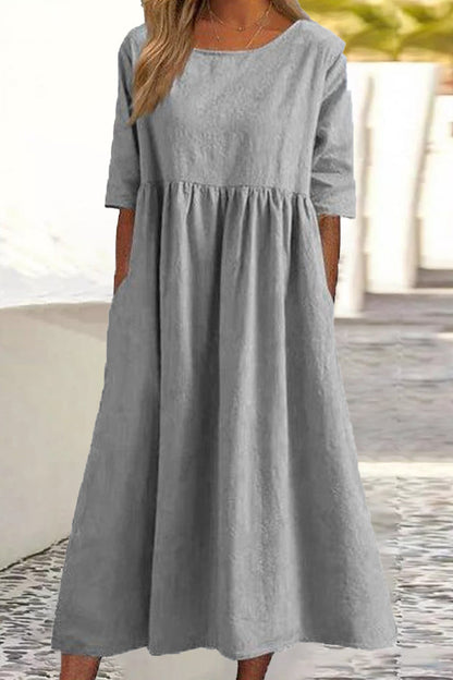 Half Sleeve Pleated Pocket Cotton Dress(9 Colors)