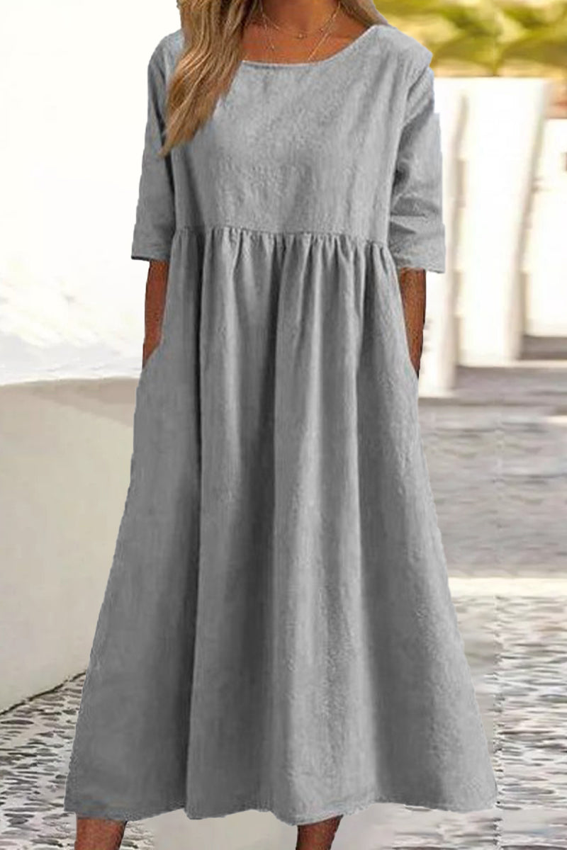 Half Sleeve Pleated Pocket Cotton Dress(9 Colors)