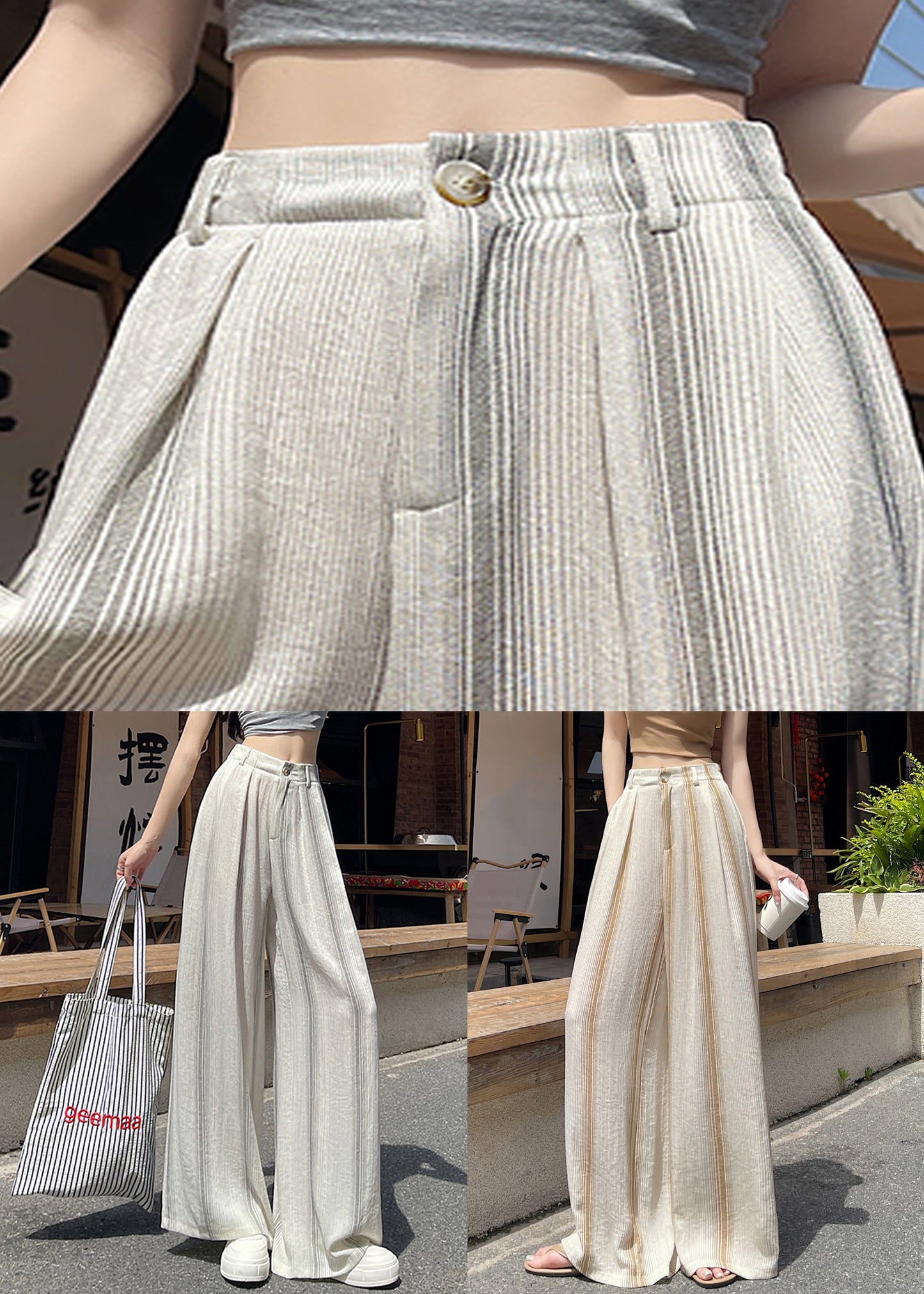 New Khaki Striped Pockets Cotton Pants Summer