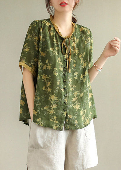 Green Ruffled Print Button Linen Shirt Short Sleeve