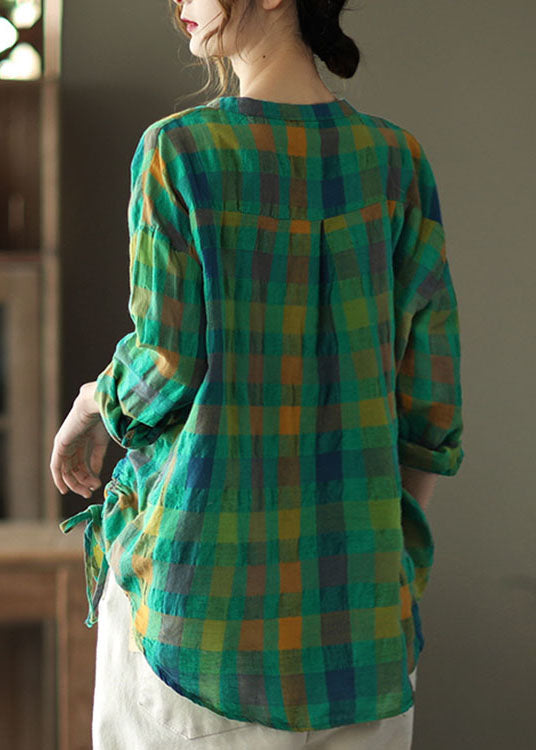 Green Loose Plaid Drawstring Fall Long Sleeve Shirt