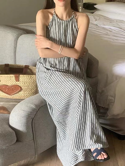 Loose Tie Open Back Striped Tank Dress