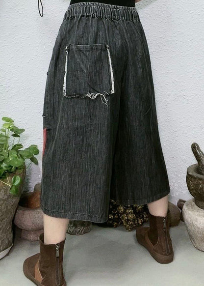 Red Pockets Patchwork Denim Wide Leg Pants Summer