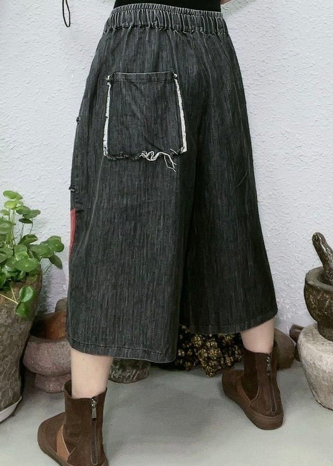 Red Pockets Patchwork Denim Wide Leg Pants Summer
