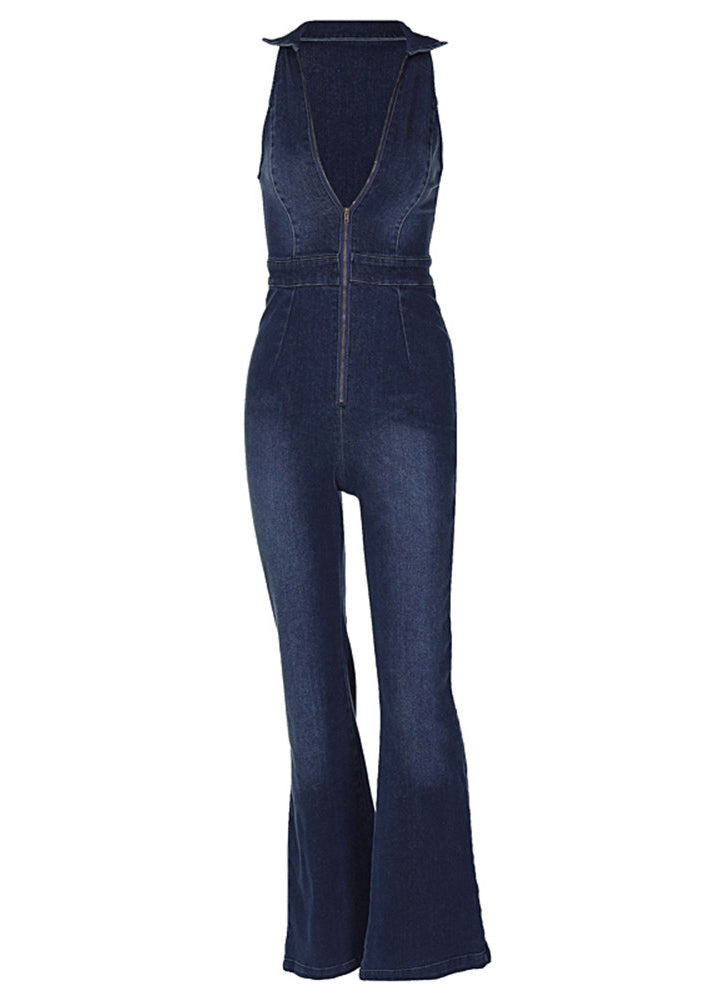 Blue Zip Up High Waist Denim Jumpsuit Sleeveless
